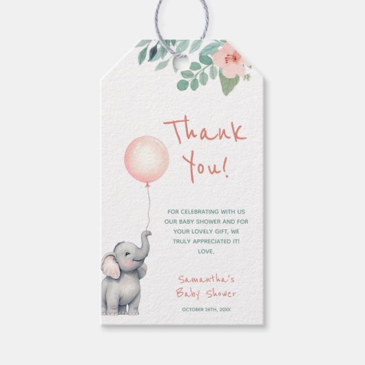 Waterverf Elephant Pink Floral Girl Baby shower Cadeaulabel (Voorkant)