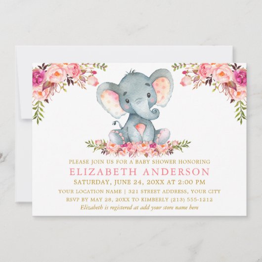 Waterverf Elephant Pink Floral Gold Baby shower Kaart (Voorkant)