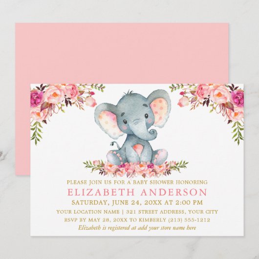 Waterverf Elephant Pink Floral Gold Baby shower Kaart (Voorkant / Achterkant)