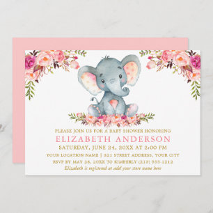 Waterverf Elephant Pink Floral Gold Baby shower Kaart