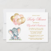 Waterverf Elephant Pink Gold Balloons Baby shower Kaart (Voorkant)