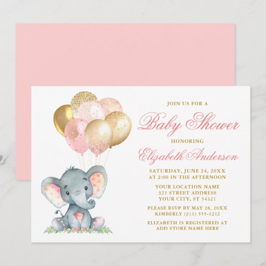 Waterverf Elephant Pink Gold Balloons Baby shower Kaart (Voorkant / Achterkant)