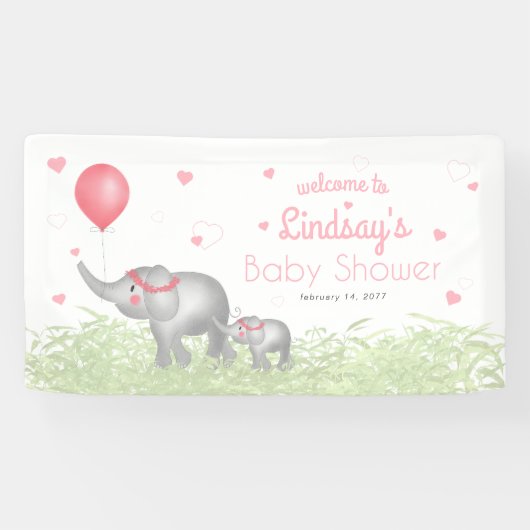 Waterverf Elephant Pink Heart Baby shower Welkom Spandoek (Horizontaal)