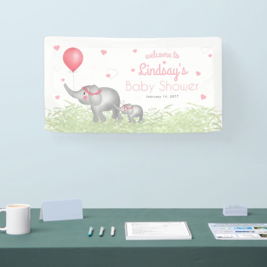 Waterverf Elephant Pink Heart Baby shower Welkom Spandoek (Beurs)