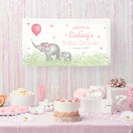 Waterverf Elephant Pink Heart Baby shower Welkom Spandoek (Feest)