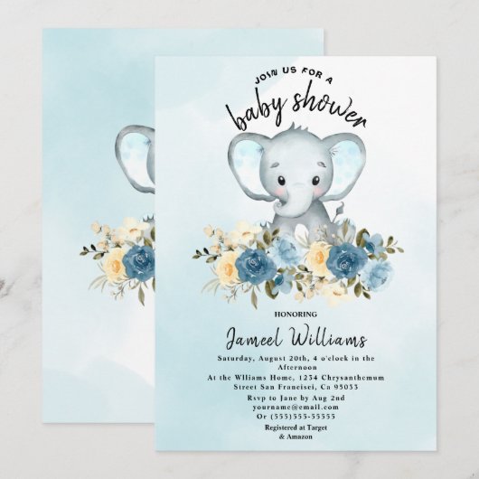 Waterverf Elephant Rozen Geel blauw Baby shower Kaart (Voorkant / Achterkant)