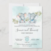 Waterverf Elephant Twins Boy Girl Birthday Party Kaart (Voorkant)