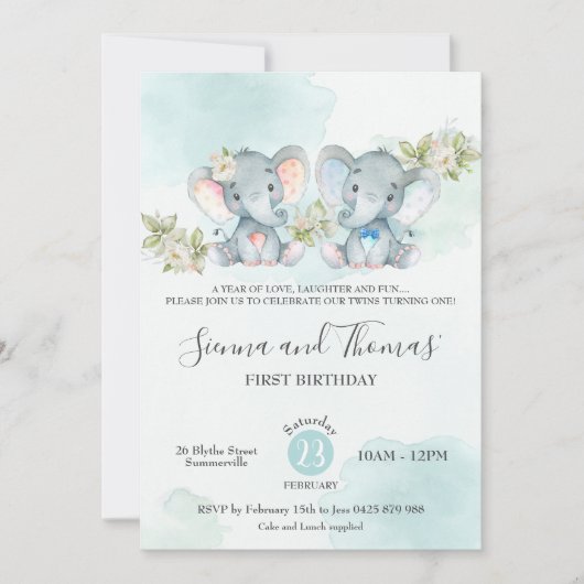 Waterverf Elephant Twins Boy Girl Birthday Party Kaart (Voorkant)