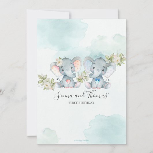 Waterverf Elephant Twins Boy Girl Birthday Party Kaart (Achterkant)