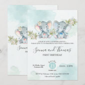 Waterverf Elephant Twins Boy Girl Birthday Party Kaart (Voorkant / Achterkant)