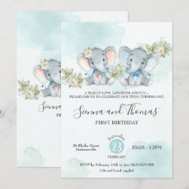 Waterverf Elephant Twins Boy Girl Birthday Party Kaart