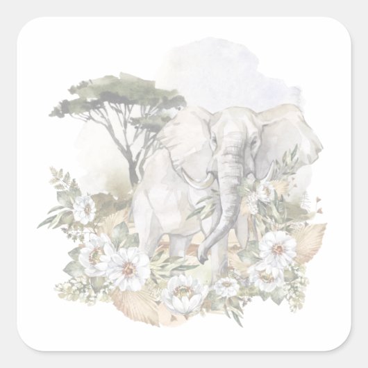 Waterverf Elephant & White Flowers Sticker (Voorkant)