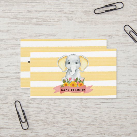 Waterverf Elephant Yellow Stripe Baby Registry Visitekaartje (Voorkant / Achterkant in situ)