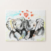 Waterverf - Elephants - Romantisch hart Legpuzzel (Horizontaal)