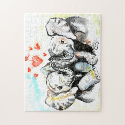 Waterverf - Elephants - Romantisch hart Legpuzzel (Verticaal)