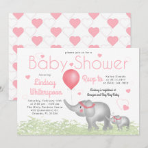 Waterverf Elephants & Roze Heart Baby Girl Shower