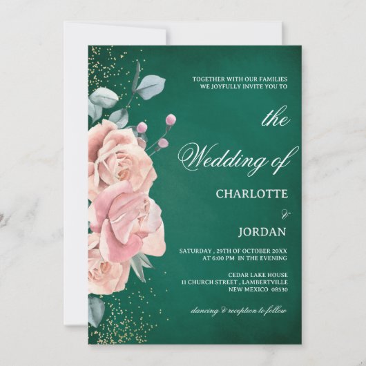 Waterverf Emerald Green en Blush Pink Wedding Kaart (Voorkant)