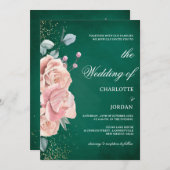 Waterverf Emerald Green en Blush Pink Wedding Kaart (Voorkant / Achterkant)
