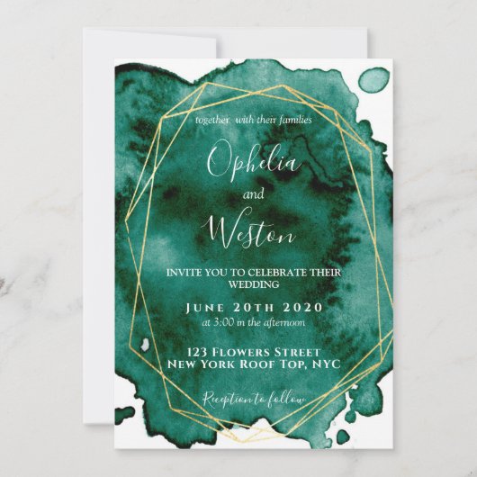 Waterverf Emerald Green Gold Lijst Luxury Wedding Kaart (Voorkant)