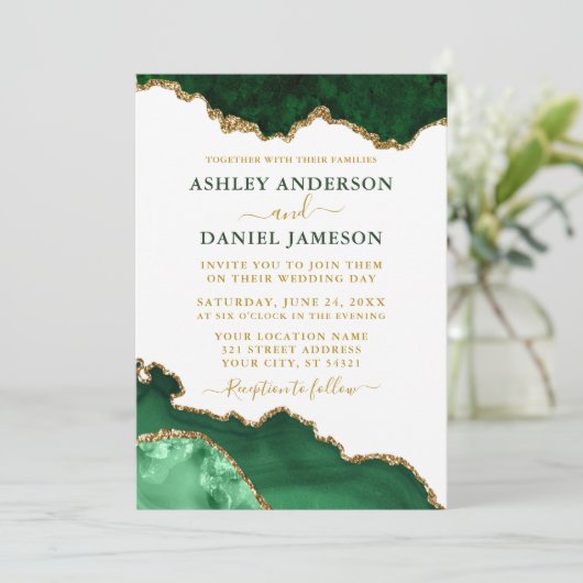 Waterverf Emerald Green Gold Marble Geode Wedding Kaart (Staand voorkant)