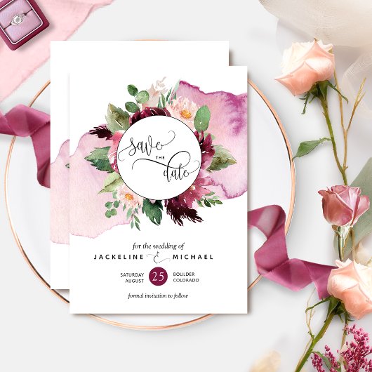 Waterverf en Berry en Blush Floral Wedding Save The Date