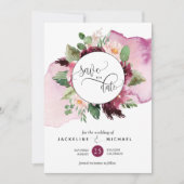 Waterverf en Berry en Blush Floral Wedding Save The Date (Voorkant)
