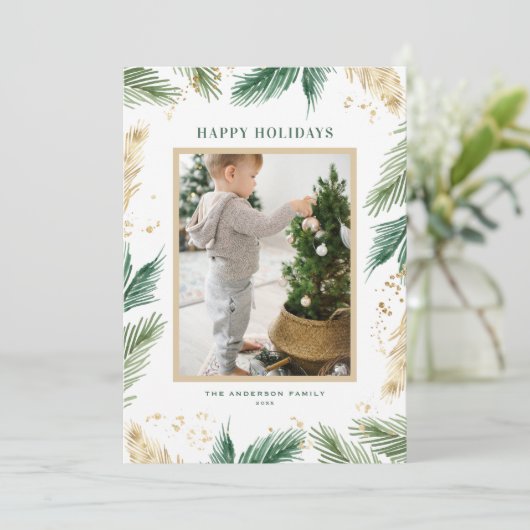 Waterverf en Faux Folie Pine Needles Foto Feestdagenkaart (Staand voorkant)