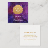 Waterverf en Faux Gold Foil Circle | Diep Paarse Vierkante Visitekaartje (Voorkant / Achterkant)