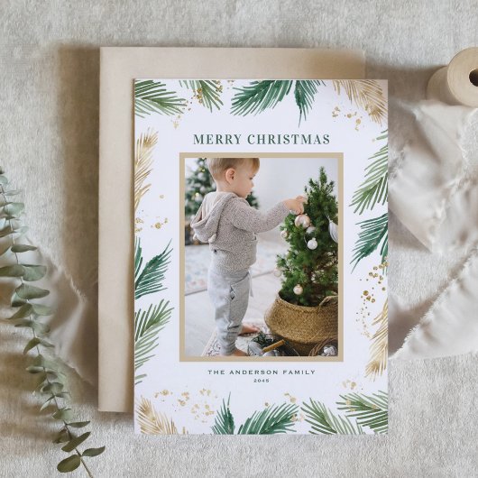 Waterverf en Folie Pine Needles Foto Kerst Feestdagenkaart