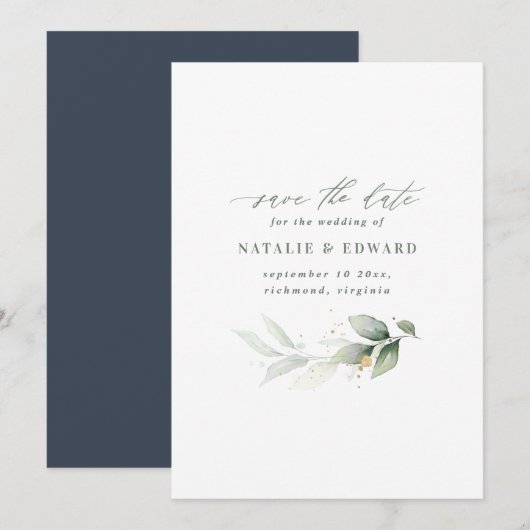 Waterverf- en goudbladerselderij save the date (Voorkant / Achterkant)