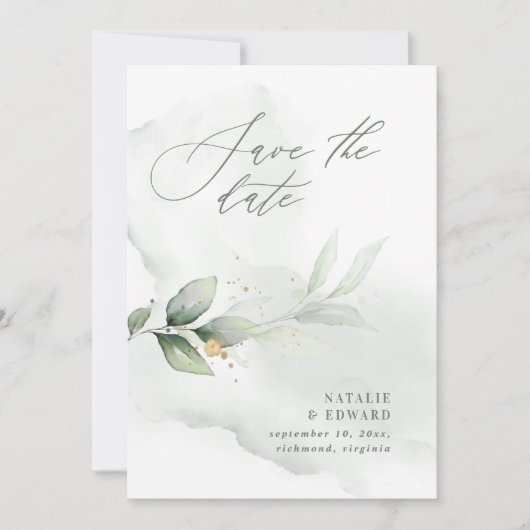 Waterverf- en goudbladerselderij save the date (Voorkant)