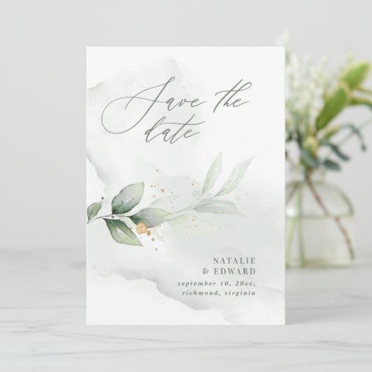 Waterverf- en goudbladerselderij save the date (Staand voorkant)