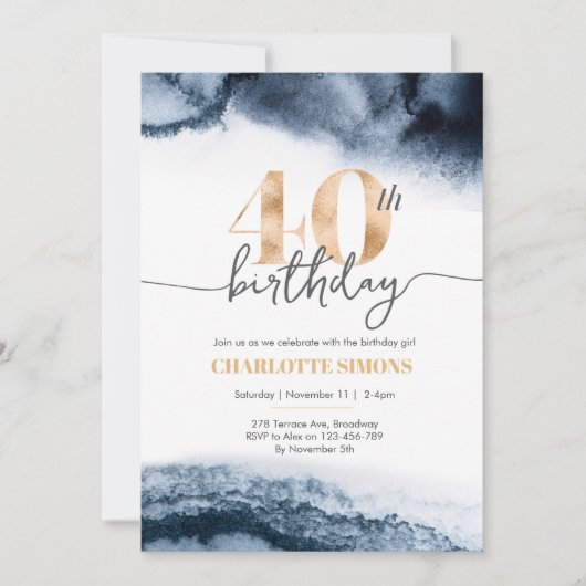 Waterverf en gouden 40e verjaardagsuitnodiging kaart (Voorkant)