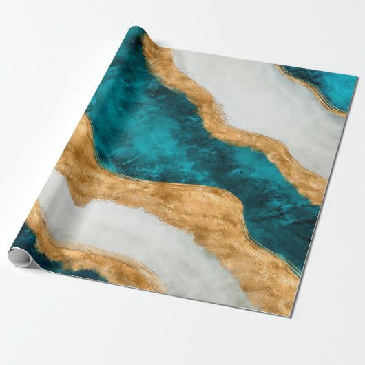 Waterverf en gouden turquoise Wave Abstract Cadeaupapier (Uitgerold)