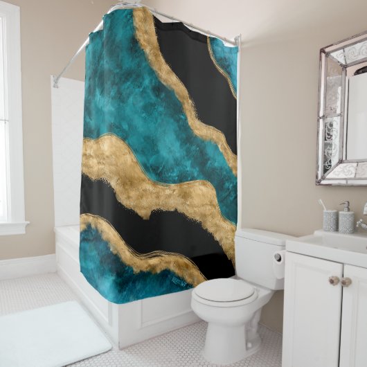 Waterverf en gouden turquoise Wave Abstract Douchegordijn (In situ)