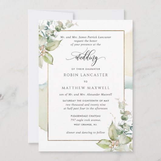 Waterverf en groen Eucalyptus Elegante bruiloft Kaart (Voorkant)