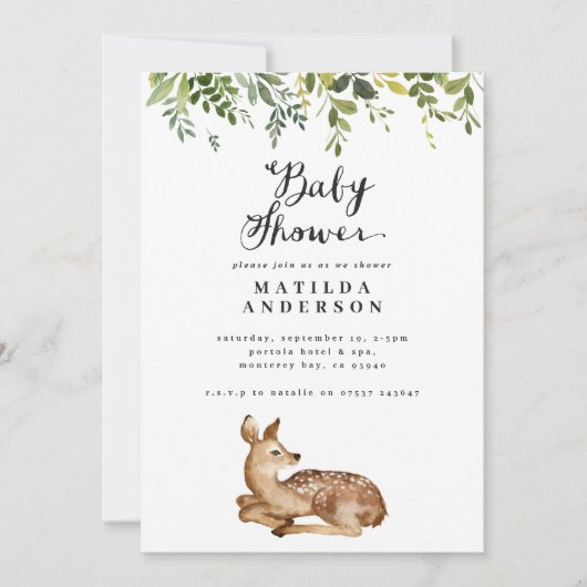 Waterverf- en hertenbossen baby shower aankondiging (Voorkant)