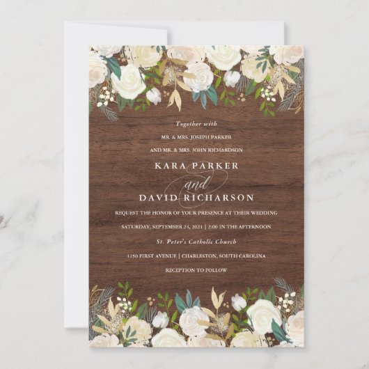 Waterverf en hout | rustieke bloemenbruiloft kaart (Voorkant)