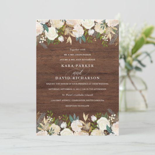 Waterverf en hout | rustieke bloemenbruiloft kaart (Staand voorkant)