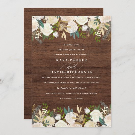 Waterverf en hout | rustieke bloemenbruiloft kaart (Voorkant / Achterkant)