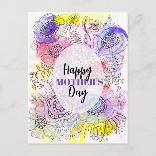 Waterverf en Inkt Bloemenlijn Kunst Moederdag Briefkaart (Voorkant)