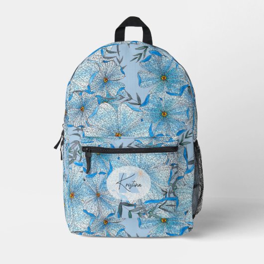 Waterverf en inkt Boheemse Blauwe Bloemen Bedrukte Rugzak (Voorkant)