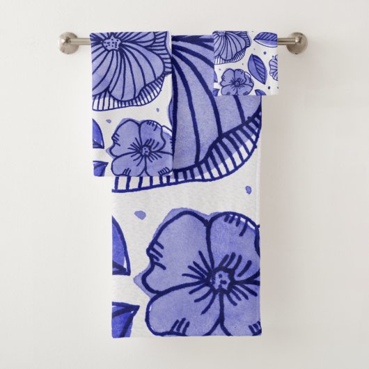 Waterverf en inktbloemen - blauw palet bad handdoek (Insitu)