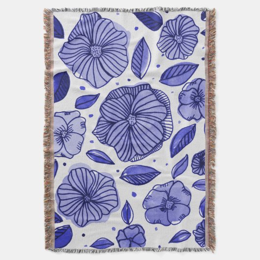 Waterverf en inktbloemen - blauw palet deken (Voorkant Verticaal)