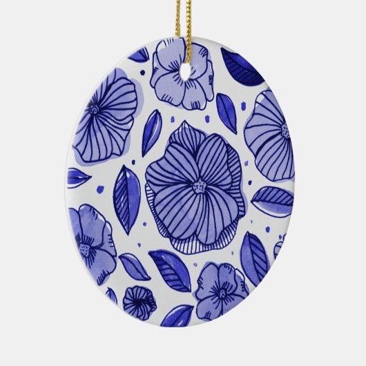 Waterverf en inktbloemen - blauw palet keramisch ornament (Rechts)