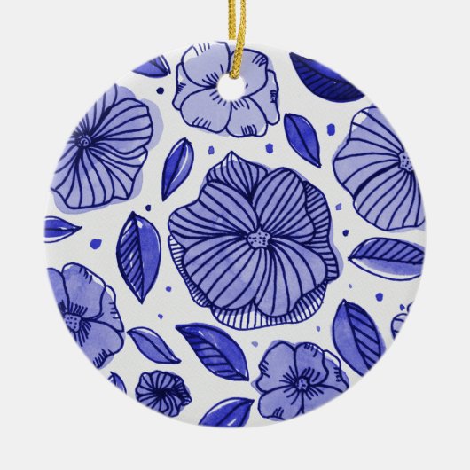 Waterverf en inktbloemen - blauw palet keramisch ornament (Voorkant)