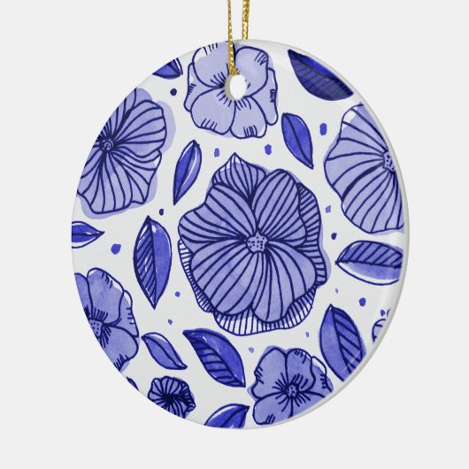 Waterverf en inktbloemen - blauw palet keramisch ornament (Links)