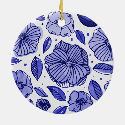 Waterverf en inktbloemen - blauw palet keramisch ornament (Achterkant)