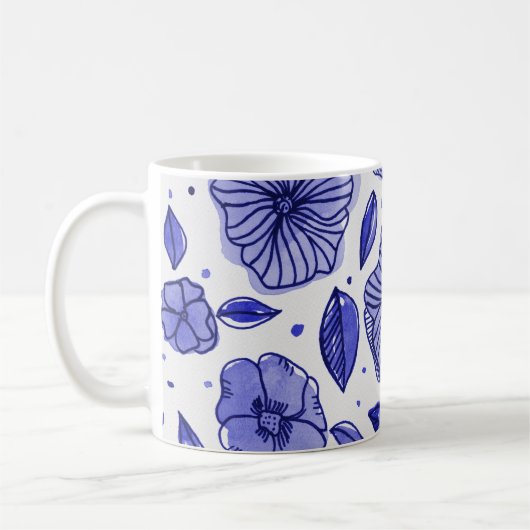 Waterverf en inktbloemen - blauw palet koffiemok (Links)