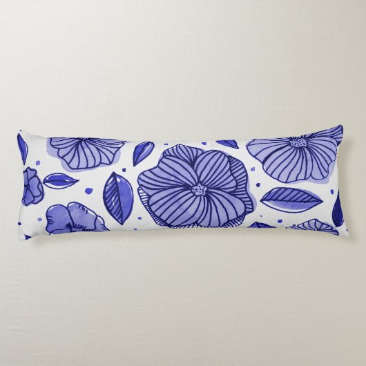 Waterverf en inktbloemen - blauw palet lichaamskussen (Achterkant)